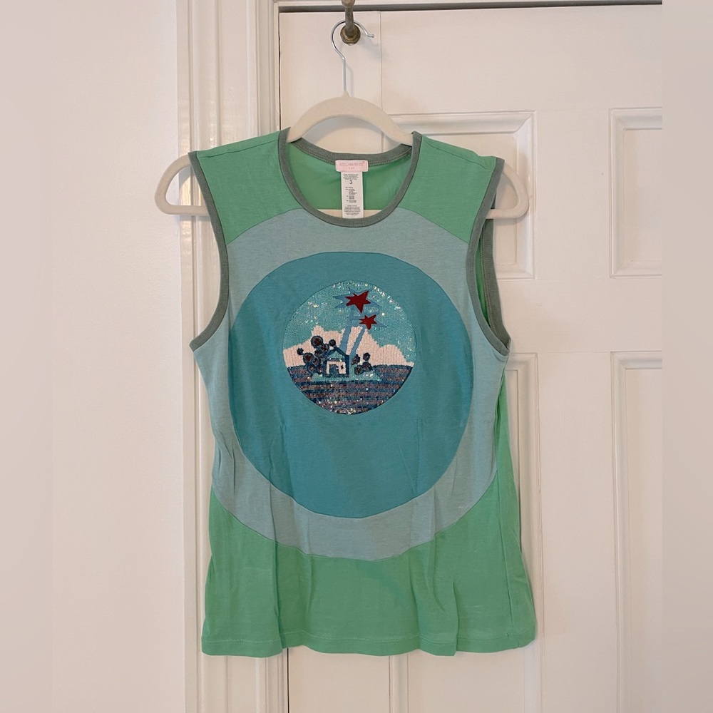 Dusto Green Sequin Village Graphic Tank 90s Euro Boutique Style Statement S